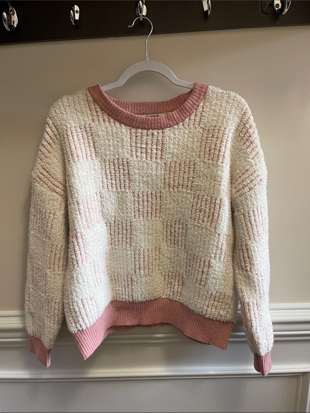 BearPaw Pink & Cream Checker Knit Crewneck Sweater